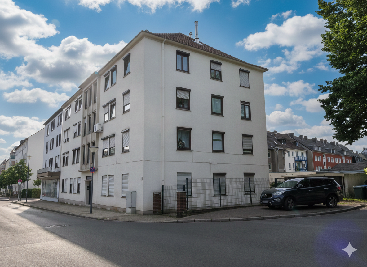 Weißes Mehrfamilienhaus Ecklage